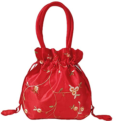 Small Drawstring Pouch Gift Bag Satin Embroidered Potli Coin Purse Handbag | 18.8×18.8×5.1 cm, Small Brocade Clutch, Cotton Lining, Secure Closure, Foldable, for Jewellery, Candy, Wedding Favours, Gifts