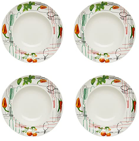 KHG 4er Set Pastateller, extra groß mit 30cm Durchmesser in Besteck Print, perfekt für Gastro und Zuhause, hochwertiges Porzellan, Suppenteller, Salatteller, Spühlmaschinengeeignet