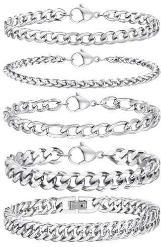TempBeau Armband Herren Silber Armreif : 5Pcs Armbänder für Männer Edelstahl 21cm Armreif Panzerkette Hip Hop Rapper Glieder Link Armkette Modeschmuck fur papa freund Schmuck Geschenk