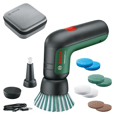Bosch Electric Cleaning Brush Set UniversalBrush (for Bathroom Tiles, Kitchen Stove, Pans, Pots and More; 10 Cleaning Attachments Included; 3.6V Integrated Battery; Micro-USB Cable; in Soft Bag)