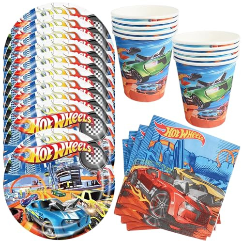HGSHUO Bil festservis för Hot Wheels party servis racingbil barnfödelsedag dekoration födelsedag papperstallrik mugg servetter racingbil födelsedagsfest baby show bordsdekoration