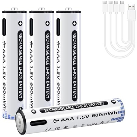 USB uppladdningsbara AAA litiumbatterier 4 stycken: USB C uppladdningsbara 600 mWh 1,5 V med 4-i-1 laddkabel 1 timmes snabb laddning