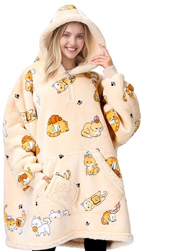 Giggling Getup Felpa con Coperta Indossabile per Donne e Uomini - Felpa con Coperta Oversize in Flanella e Sherpa Fleece, con Tasca e Maniche, Coperta, Regali di Compleanno per Adulti, Gatto