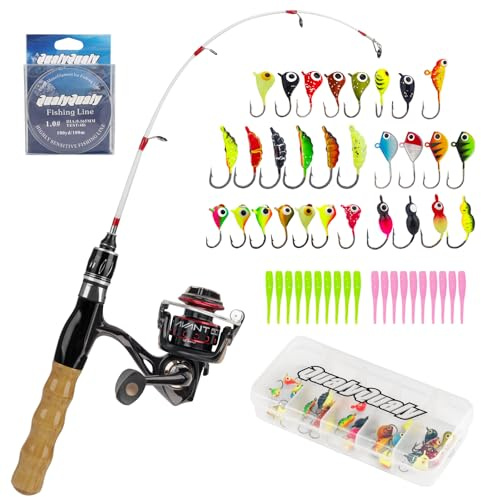 QualyQualy Ice Fishing Rod and Reel Combo, 24'' Ice Fishing Rod Set with Inline Reels 49 Pcs Lures Jig Heads and Fishing Line Ice Fishing Gear Ice Fishing Jig Line