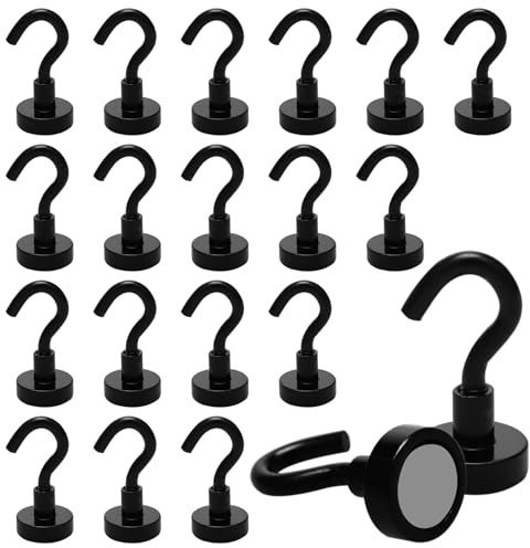 Orchideeknc 20 PCS Magnetic Hooks Load Capacity 8KG/17.6LBS, Neodymium Strong Magnet Hook, 16mm Black Magnetic Hooks for Fridge