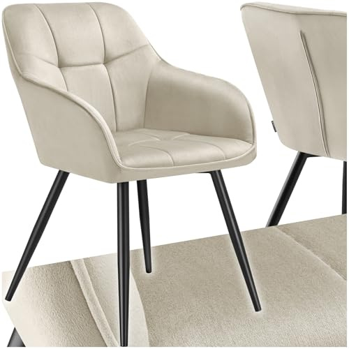 tectake® Silla de Comedor con Tapizado Aterciopelado Acolchado, Silla de Cocina Elegante y Moderna, Patas de Acero, Fácil Limpieza, Ideal Silla Salón, Tocador, Dormitorio - 1 Silla Crema/Negro