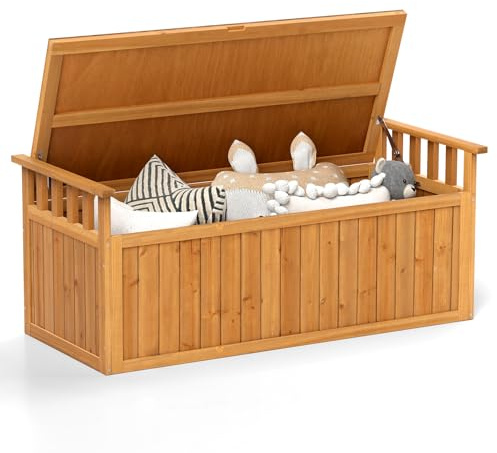 COSTWAY Banc de Rangement d'Extérieur en Bois, Banc d'Extérieur à 2 Places de 209 L avec Accoudoirs, Coffre de Stockage en Bois pour Outils de Jardin, Charge 100KG, pour Jardin Balcon (Naturel)