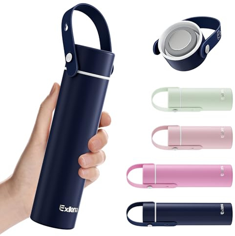Exllena Borraccia Termica Piccola 300ml con Manico Regolabile– Mini Borraccia Termica con Coperchio in Acciaio Inox - Design Compatto e Portatile - Ideale per Sport, Viaggi e Bambini(Blu Scuro)