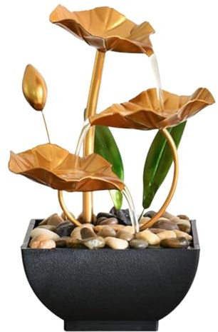 byepica Fuente de agua para mesa interior, alimentación USB, hierro y plástico, diseño moderno, flores y guijarros de metal, para decoración de oficina y hogar