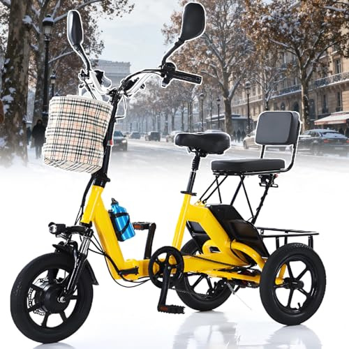 ErShangMao Triciclo Eléctrico Plegable Antideslizante De Invierno: Capacidad De 180 Kg, Autonomía De 45 Km, 3 Modos, Pantalla LCD, Luz Led, Ideal para Movilidad Urbana Y Recados. Yellow