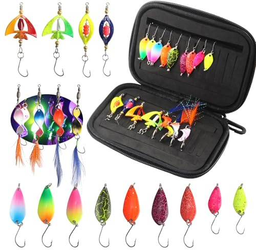 CHENYU 17 Pièces Peche Truite 1,5g/2,5g/3,5g Kit de Peche avec Sac Leurres Multicolore Pêche Truite Cuivre Accessoires de Pêche en Mer pour Brochet eaux Poissons Crevettes Crabes