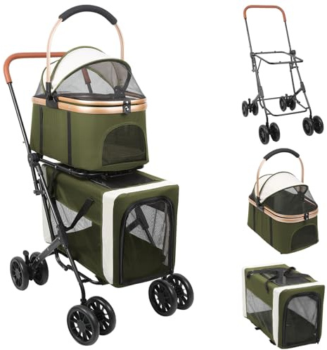 Homewell Vikbar hundvagn med 2 våningar, kattvagn med avtagbar korg och mugghållare, djurvagn med stor rymlig vagn, upp till 40 kg (armégrön)
