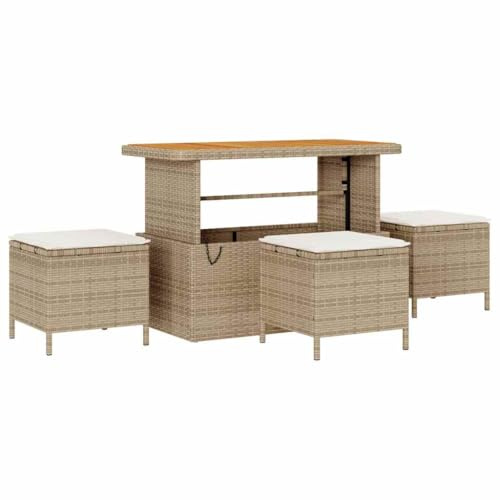PUGYNBK Gruppo da pranzo in rattan beige con piano in legno di acacia, 4 sedie imbottite e funzioni regolabili per esterni