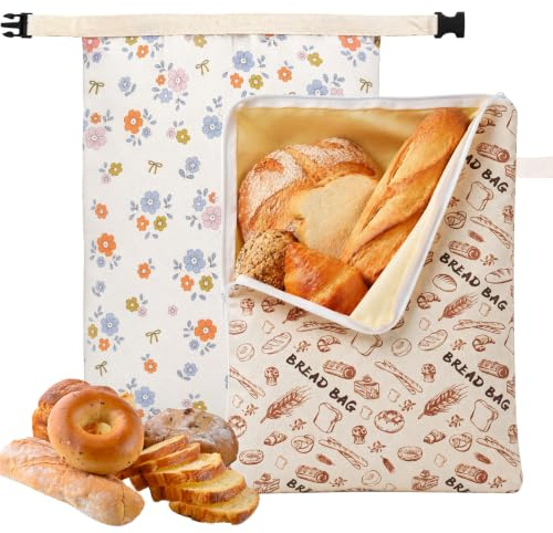Pack de 2 Bolsas para Pan de Cera de Abeja Reutilizables 43.2x33cm | Bolsas de Almacenamiento de Algodón con Recubrimiento Natural y Cremallera | Para Pan Casero, Repostería, Frutas y Verduras