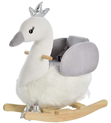HOMCOM Caballito Balancín para Bebé de +18 Meses Suave con Forma de Cisne Sonidos Reposapiés y Cinturón 60x33x59 cm Blanco y Gris