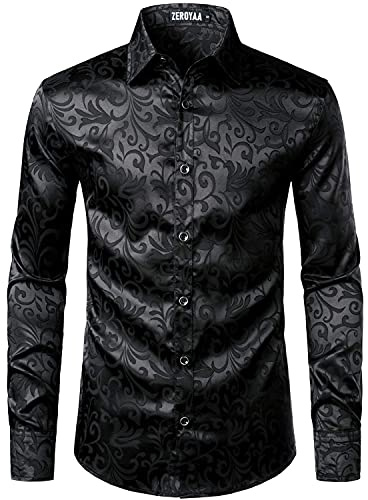 PARKLEES Chemise de luxe à manches longues en jacquard pour homme, coupe ajustée, en satin imitation soie, imprimé floral, chemises pour mariage, bal, Noir , S