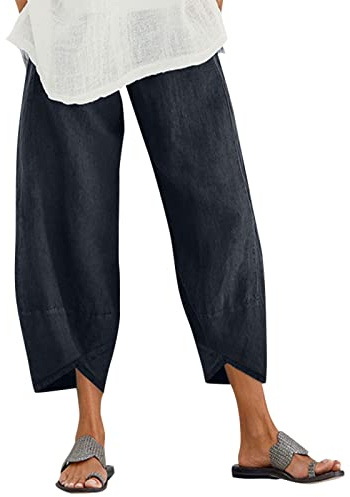 ZANZEA Womens Casual Trousers Cotton Linen Cropped Pants Loose Fit Bottoms | Summer Barrel Leg Trousers ,3/4 Capri Balloon Pants with Pockets,Straight Elasticated Waist Chino for Beach Lounge Yoga