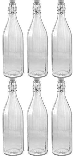 6pz Bottiglia vetro trasparente 1lt costolata c-tappo ermetico integrato