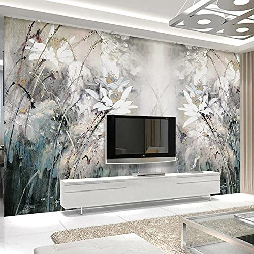 HDHGKYY Mural 3d papel tapiz retro pintura al óleo pintado a mano lotus tv fondo papel tapiz decoración del hogar sala de estar dormitorio pared arte