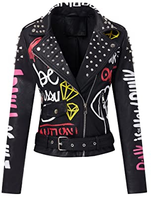 RISISSIDA Studded Leather Jacket Women Moto Motorcycle Faux Leather Short Coat Black-pink 0376 S