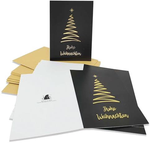 Weihnachtskarten mit goldfarbenem Weihnachtsbaum, mit spezieller Goldfolien-Oberfläche, dicke Karte und recycelte braune Umschläge, 20 Stück