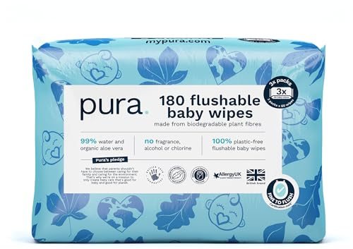 Pura Flushable Baby Water Wipes 3 x 60 per pack, (180 Wet Wipes) 100% Plastic Free, 99% Water, Suitable for Sensitive & Eczema Prone Skin, Biodegradable, Compostable, Vegan, Potty Training