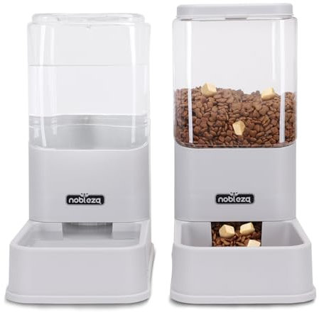 Nobleza Automatic Dog Cat Food Feeder and Waterer Set, 3.8 L Dog Cat Water and Food Dispenser, Automatic Pet Water Dispenser Pet Feeder for Small Medium Dogs, Puppy and Cats, 2 Packs, Grey