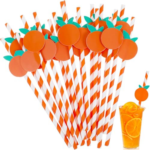 Giantree 50 pajitas de papel a rayas naranjas, pajitas desechables para beber con temática de frutas, pajitas de papel decorativas para fiestas, otoño, boda, baby shower, suministros de fiesta de
