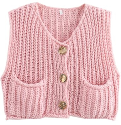 Yurosiay Gilet en tricot sans manches pour femme et fille - Pull ouvert à l'avant - Bouton ouvert - Sans manches - Cardigan court - Avec 2 poches - Haut tricoté épais - Pour l'automne, l'hiver, le