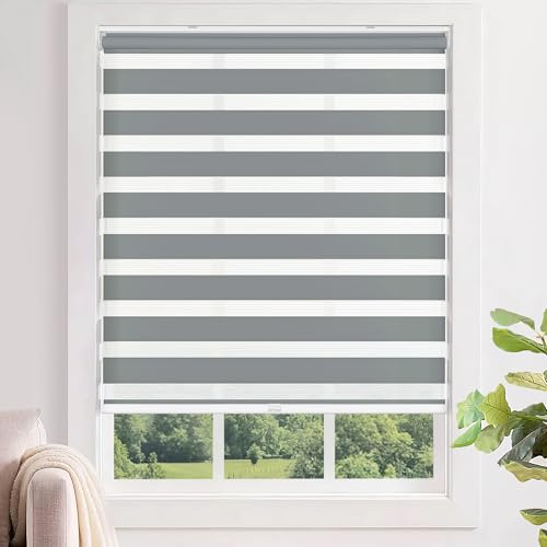LazBlinds No Tools No Drill Cordless Zebra Blinds for Windows, Dual Layer Light Control for Day and Night, Light Filtering Privacy Roller Blinds and Shades for Home, 24 W x 48 H, Grey
