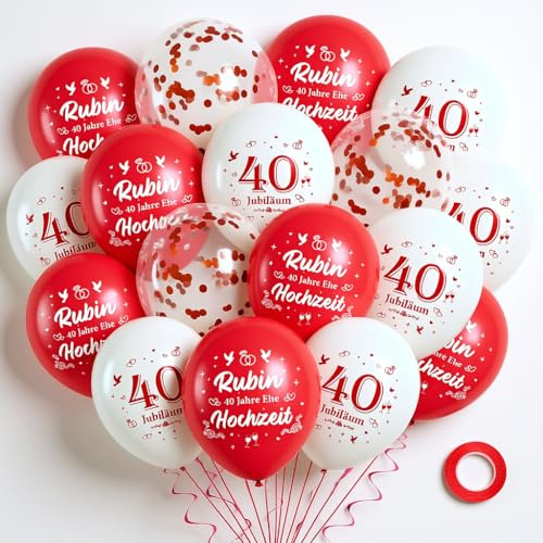 40 Hochzeitstag Rubin Hochzeit Deko Luftballons - 36 Stück Rubinhochzeit Dekoration Ballons, Rot Weiße 40. Jubiläum Deko Latexballons Konfettiballons für Garten Hochzeit Frauen Männer