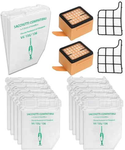 12 Pezzi Sacchetti per Aspirapolvere Folletto vk135 VK136 con 2 Filtro Motore 2 Filtri per Folletto vk135