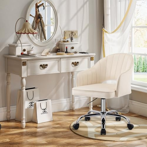 Fiximaster HomeOffice - Sedia da scrivania girevole regolabile in altezza, in velluto, ergonomica, per studio, camera da letto, portata fino a 115 kg (grigio) (Bianco crema)