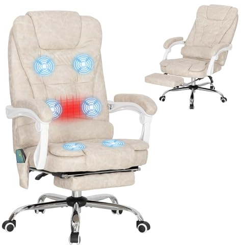 Vinsetto Fauteuil de Bureau massant et Chauffant, Chaise de Bureau Ergonomique Hauteur réglable, Dossier inclinable, Repose-Pieds, télécommande Filaire, pivotant 360°, Tissu en Microfibre, crème