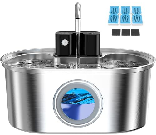 PEKTACO Wireless Cat Water Fountain Stainless Steel, 108oz/3.2L Cordless Battery Operated Pet Water Fountain for Cats Indoor with Quiet Pump, Easy Clean, BPA-Free(3 Filters)
