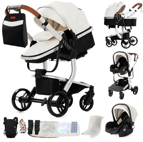 Veitoalioy Pelle PU Passeggino Trio, Trio Neonati con Accessori, Carrozzina per Neonati con Design Portatile Pieghevole Un Clic, Passeggino 3 in 1 con Spinta Reversibile a Due Vie (M518 White)