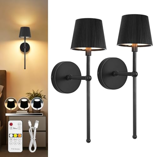 Dehobo Apliques de Pared Interior de 2, Lámparas de Pared LED Regulables 3 Colores con Control Remoto, Lámparas de Pared LED Inalámbricas de Metal de 5200mAh para Dormitorio Negro