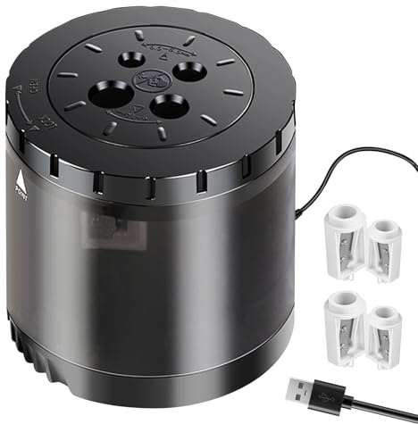 VASUBA Heavy-Duty Electric Pencil Sharpener USB and Battery Power 4 Replacement Blades 4-Hole Adjustable for 6-12mm Art Pencils Large Capacity Automatic Pencil Sharpeners Black