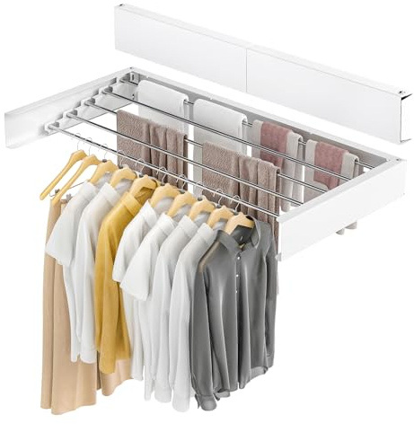 GreenWhim Wall Mounted Clothes Airer 80 x 40 x 10 cm Retractable Foldable Drying Rack with 5 Rods 30kg Capacity Space Saving Laundry Hanger for Indoor Outdoor (White)