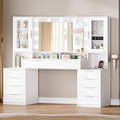 Hzuaneri 150 cm Sminkbord med LED-belysning, Sminkbord med multiuttag, 11 LED-lampor, Tre Belysningsfärger, 10 Lådor, Förvaring för Smycken, Vit-Silver DT434703XEU