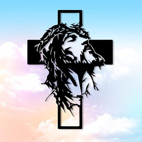 Arte de pared de metal con Jesús y cruz: decoración cristiana del hogar, arte de pared de metal con cruz de clavo de Jesús, decoración religiosa negra con rasgos faciales detallados (20 inch)