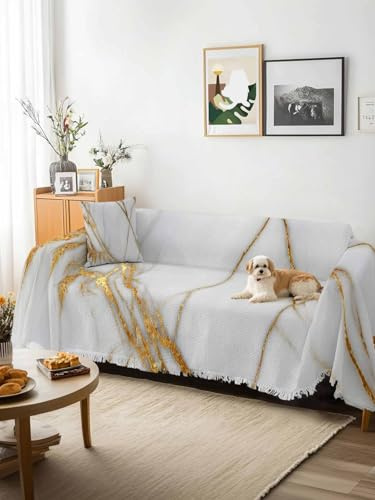 White Yellow Marble Sofa Cover Blanket Couch Covers for Armchair Cushion,Couch Sofa Silpcover with Tassel,Ink Painting Modern Art Living Room Bedroom Throw Towel Blanket Covers XX-L 71x150