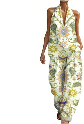 Genérico Conjunto Mujer 2 Piezas Verano Lino Boho Étnico Top Cuello Halter Espalda Descubierta y Pantalones Anchos Fluidos Con Bolsillos Traje de Playa Vacaciones Casual Vintage Festival Ropa