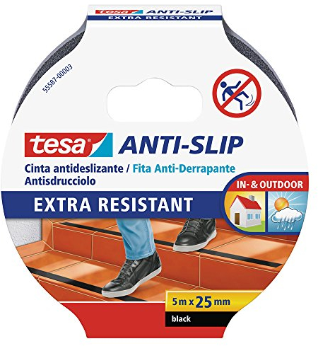 Tesa Nastro Antiscivolo - Adesivo Antiscivolo per L?Uso Interno Ed Esterno - per Scale e Pavimenti Lisci - Nero - 5 m x 25 mm