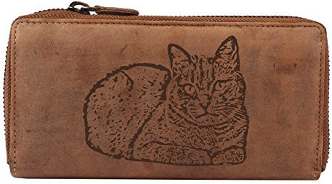 Greenburry Vintage Damen Geldbeutel Geldbörse Braun 19x2,5x10cm mit Motiv der Russisch Blau Katze