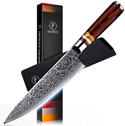 8 Inch Japanese Chef Knife, FANTECK Professional Kitchen Knife Ultra Sharp VG-10 67-Layers High Carbon Damascus Steel Meat Cutting Cooking Knife Gyuto Chef Knives[Gift Box]Pakkawood Handle-Acrylic Rim