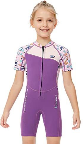 Mädchen 2.5mm Neoprenanzug Kinder Einteiler Tauchanzug Tropisch Violet Kurzarm Shorty Badeanzug Schnorchel One Piece Wetsuit XL