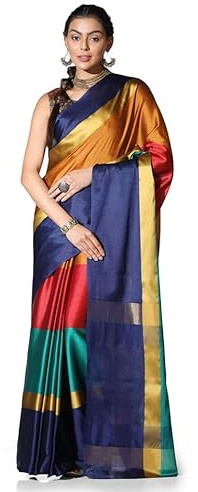 Leriya Fashion Saree för kvinnor | Bomull silke färgblock sari med sydd blus färdig | Etnisk sari med tofs på pallu och små linjer | Festival | Funktionskläder indisk sari, flerfärgad, One Size