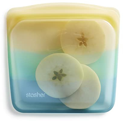 Stasher Silicone Reusable Storage Bag, Sandwich Bag, Reusable Freezer Bag, Microwave, Dishwasher, Oven Safe, Sous Vide, Lunch Container, Eco Friendly, Leak-free, Food Storage Bag, 28 oz, Yellow Sea