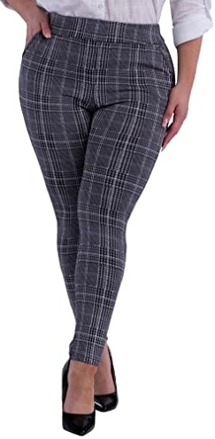 ShoSho Womens Plus Size High Waist Skinny Pants Tummy Control Butt Lifting Pull On Trousers Leggings Stretchy Pants with Pockets Plaid Print Black/White 1X